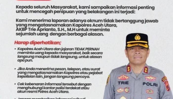 WASPADA PENIPUAN! Akun Facebook Catut Nama Kapolres Aceh Utara untuk Minta Uang