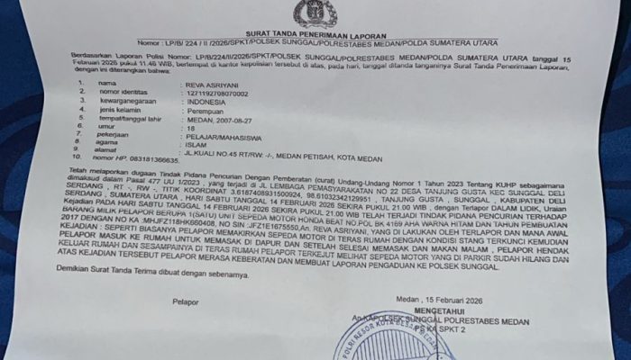 Warga Sunggal Kehilangan Satu Unit Sepeda Motor Yang Terparkir di Depan Rumahnya