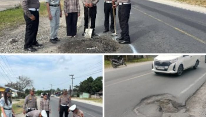 Personel Unit Lantas Polsek Kandis Gerak Cepat Tangani Jalan Berlubang untuk Keselamatan Pengguna Jalan