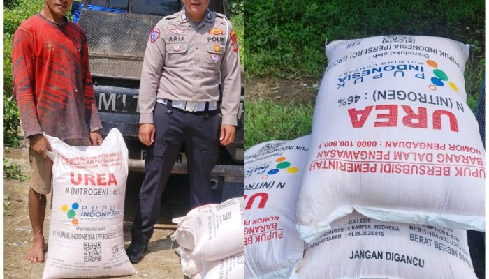 Dukung Ketahanan Pangan, SatLantas Polres Kuningan Berikan Bantuan Pupuk bagi Petani Desa Cibulan