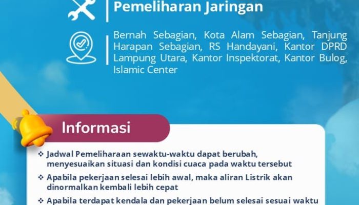 CATAT! Besok Listrik Padam 3 Jam di Kotabumi, 8 Lokasi Ini Kena Dampak Pemeliharaan PLN