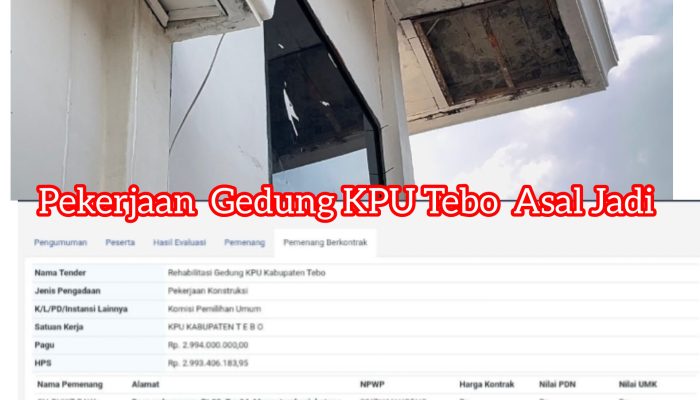 Ambil Untung Besar, Kantor KPU Tebo Dikerjakan Asal Jadi, Masyarakat Tebo Merasa Dirugikan, Pekerjaan Gedung Asal Jadi Oleh Kontraktor.