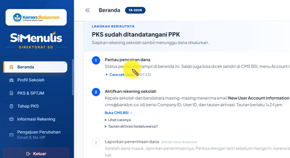 Cara Cek Status Perkembangan Si Menulis 2026 dan Langkah Aktivasi Rekening CMS BSI Sekolah